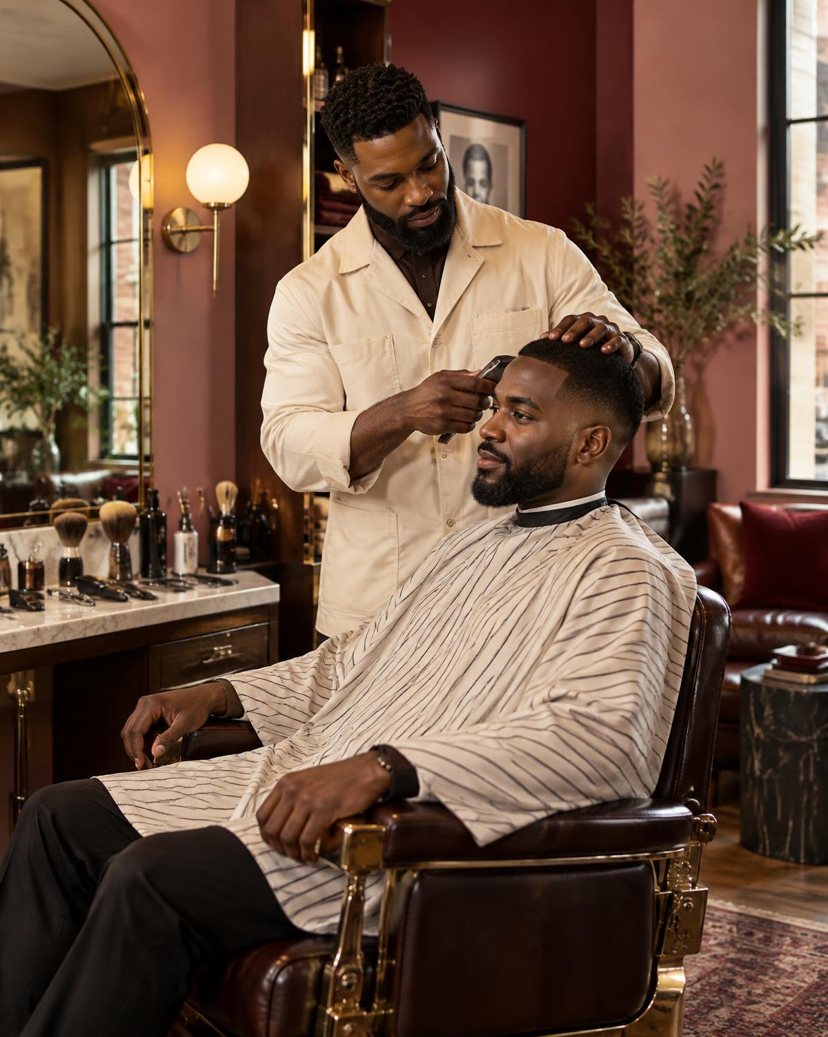 Barber finishing a haircut in an upscale barbershop